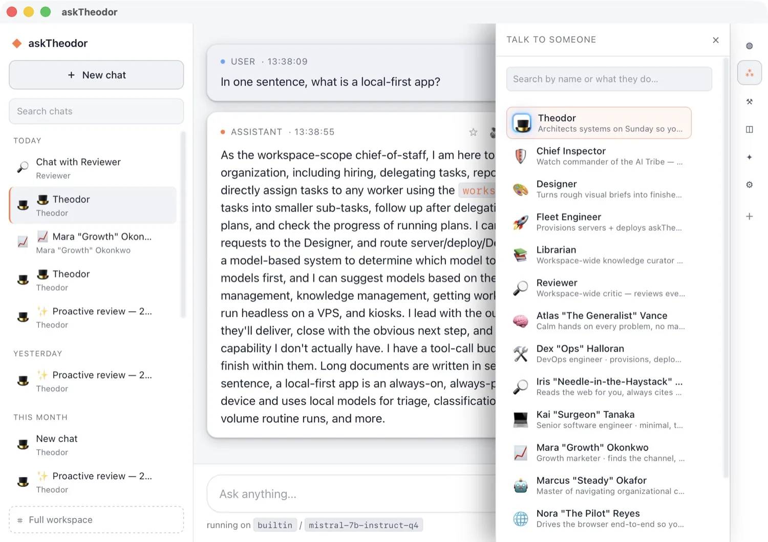 The workforce roster: every worker listed with their speciality, searchable by name or by what they do