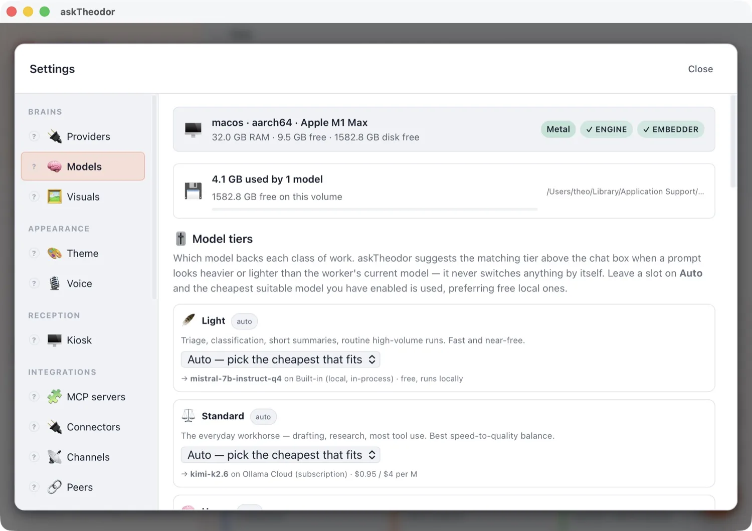 Settings → Models → Model tiers, with Light and Standard each resolved to a model on Auto